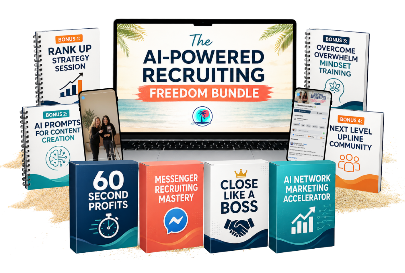 AI-Powered Recruiting Freedom Bundle product mockup showing the four courses and four bonuses