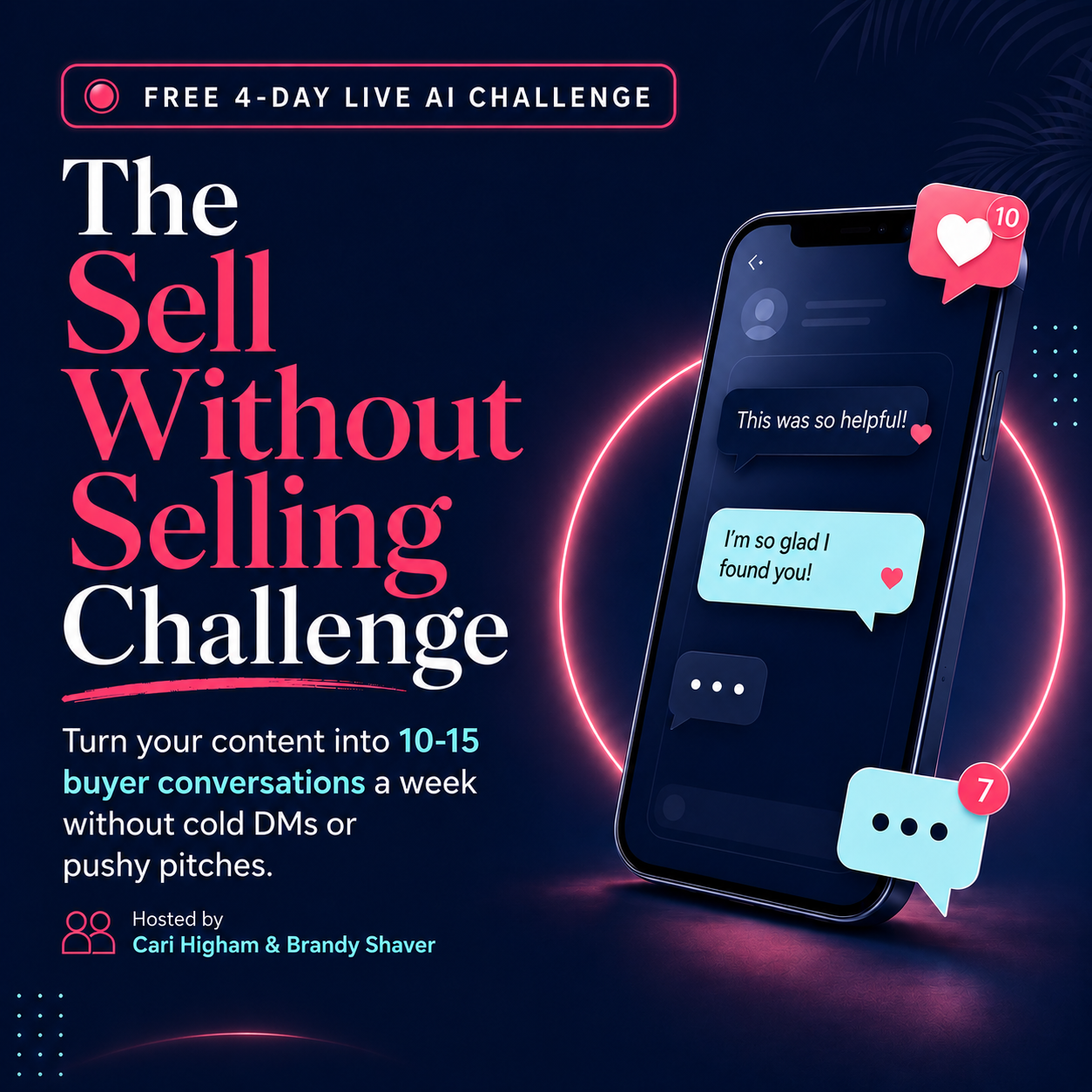 The Sell Without Selling Challenge product graphic with phone message bubbles and the 4-day live AI challenge promise